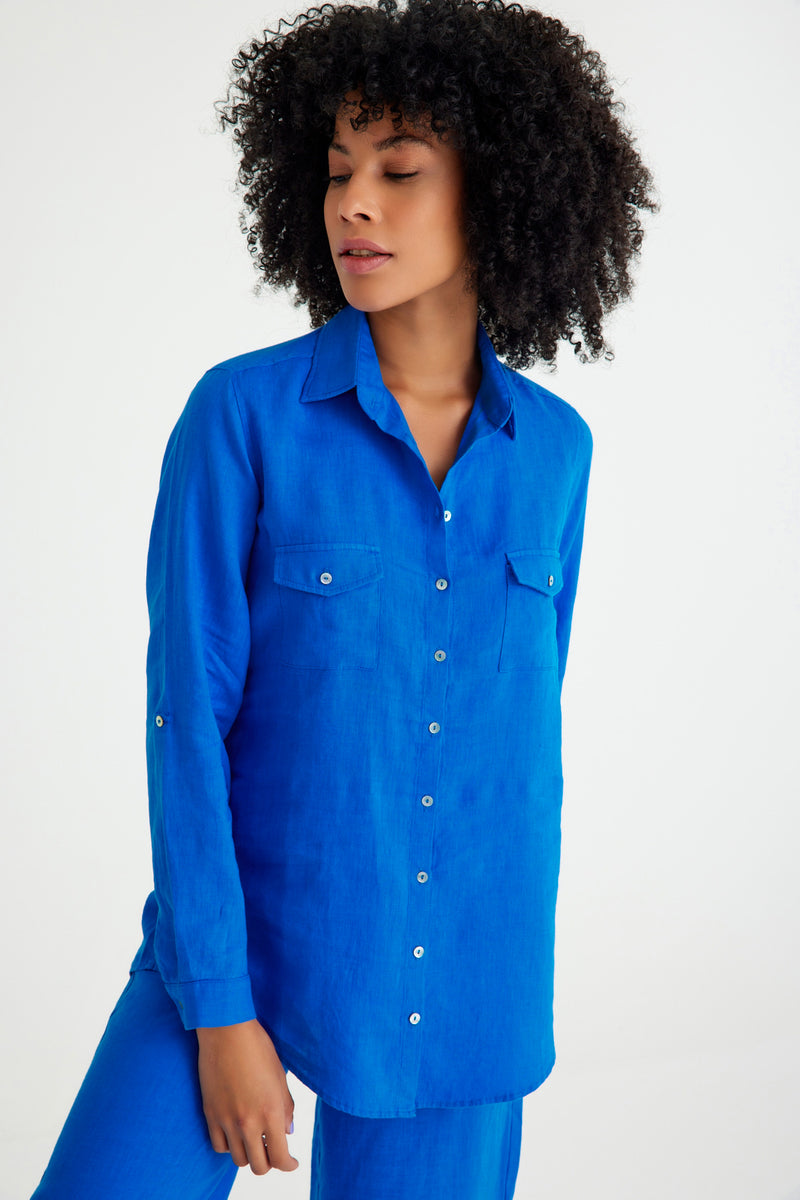 Saks Mavi Keten Cep Detaylı Kadın Gömlek