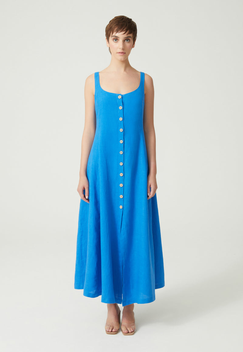 Sax Mavi Keten Önü Düğmeli Askılı Maxi Elbise