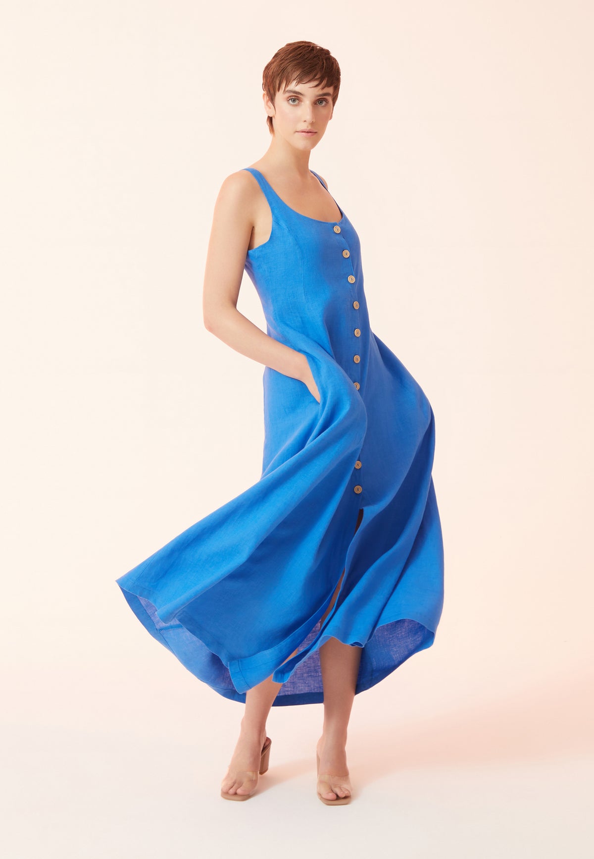 Sax Mavi Keten Önü Düğmeli Askılı Maxi Elbise