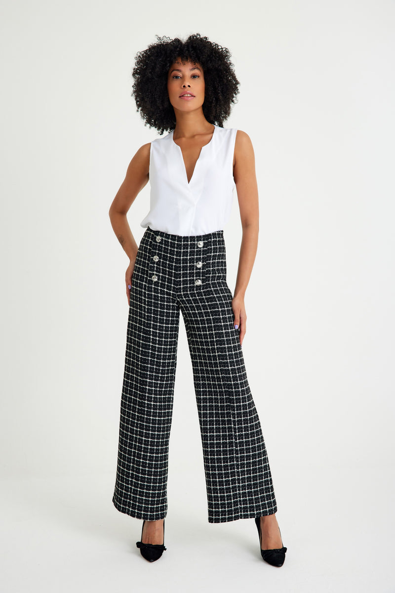 Black White Plaid Side Zipper Women's Trousers