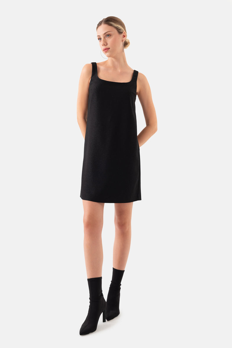 Black Square Collar Mini Length Women's Dress