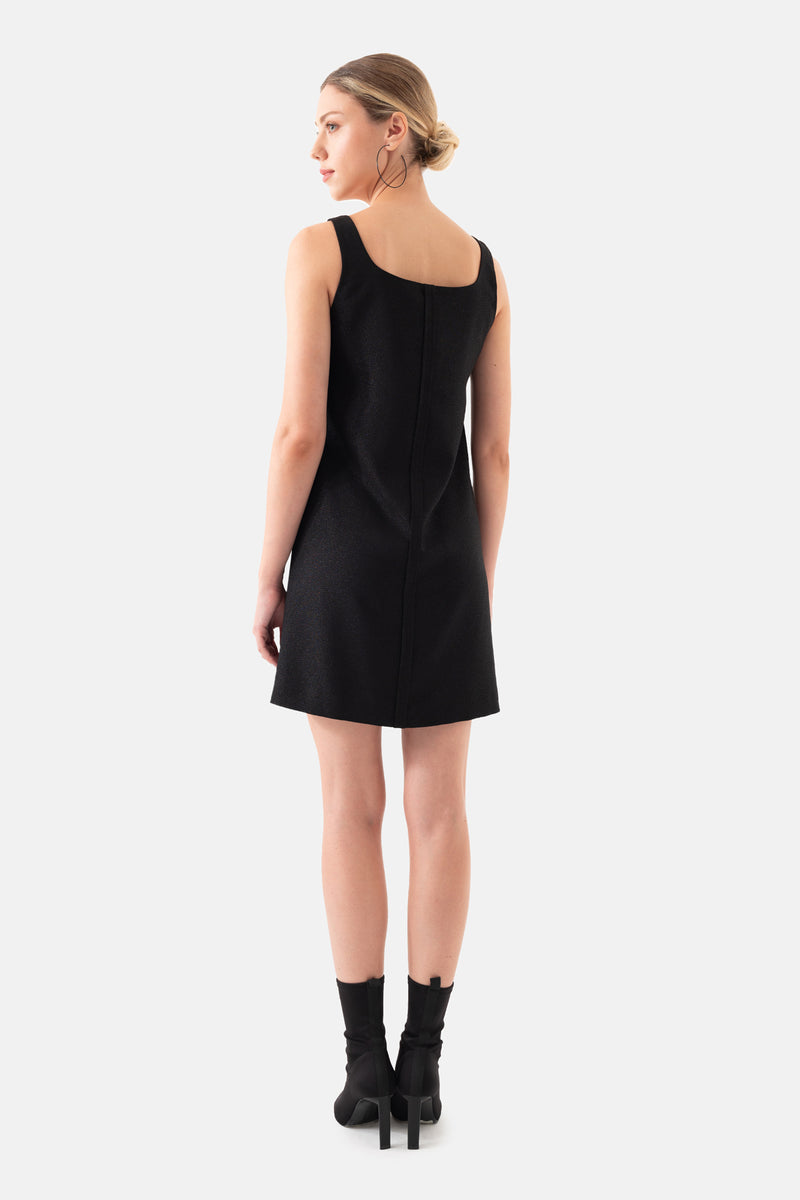 Black Square Collar Mini Length Women's Dress