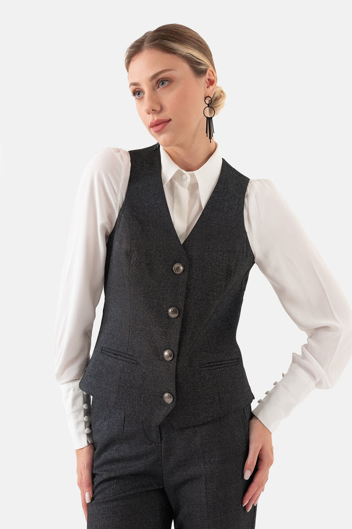 Black Button Front Lined Women's Vest