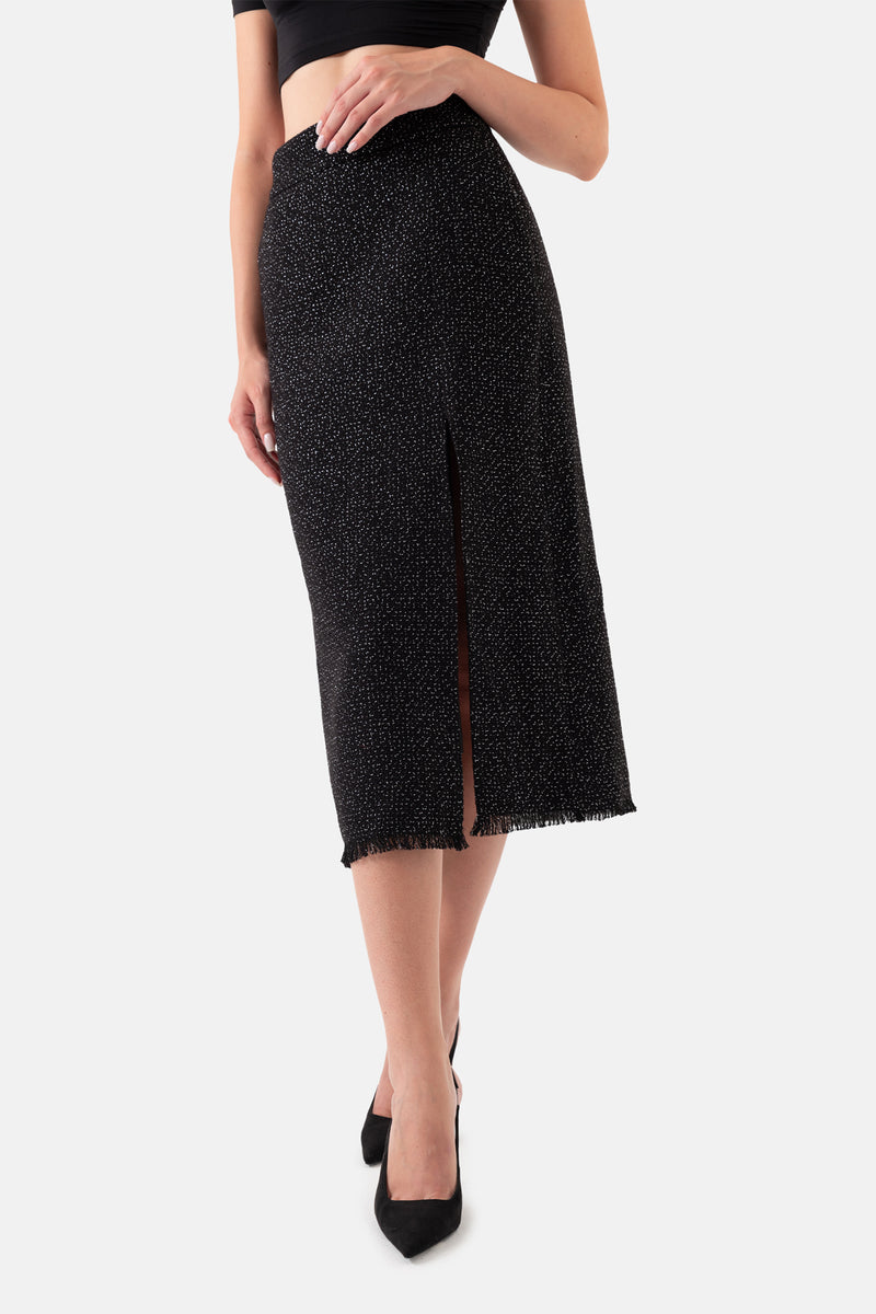 Black Silvery Women's Midi Skirt with Side Slits