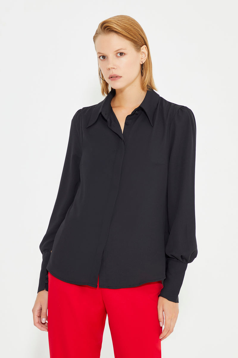 Black Pointed Collar Wide Cuff Relaxed Cut Shirt