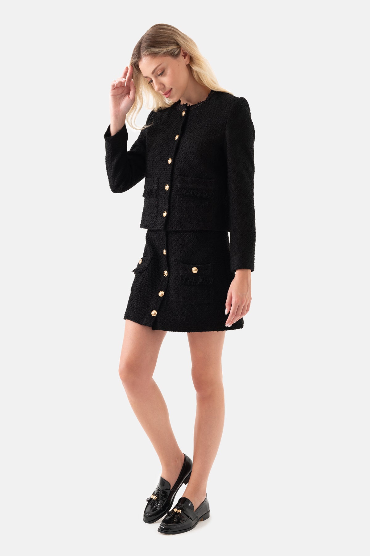 Black Tweed Short Women's Jacket With Pockets
