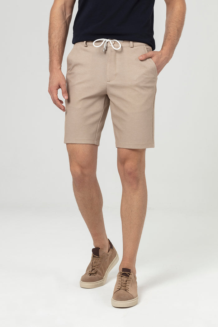 Stone Color Slim Fit Tied Textured Men's Shorts