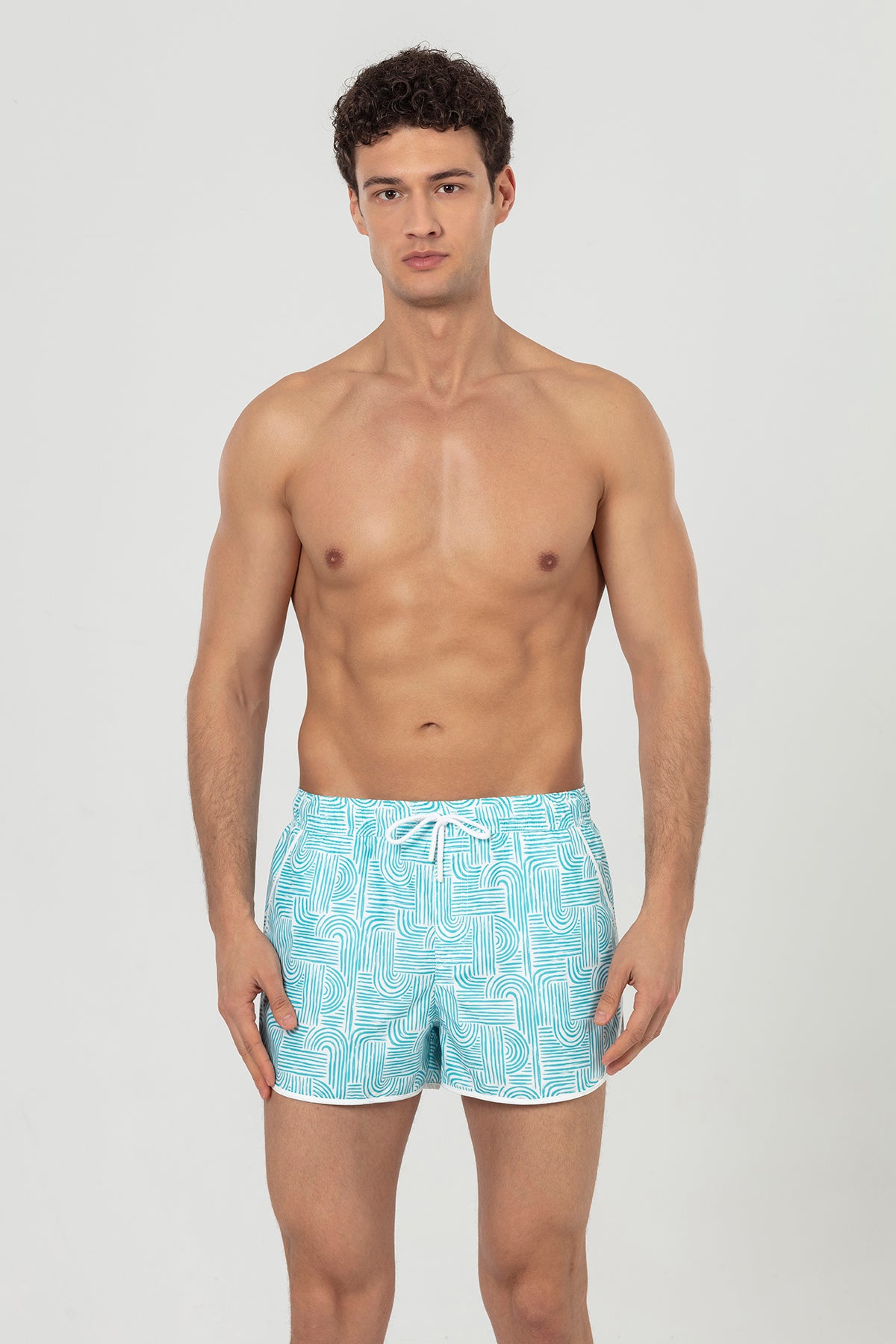 Turquoise Asymmetrical Striped Men's Swim Shorts