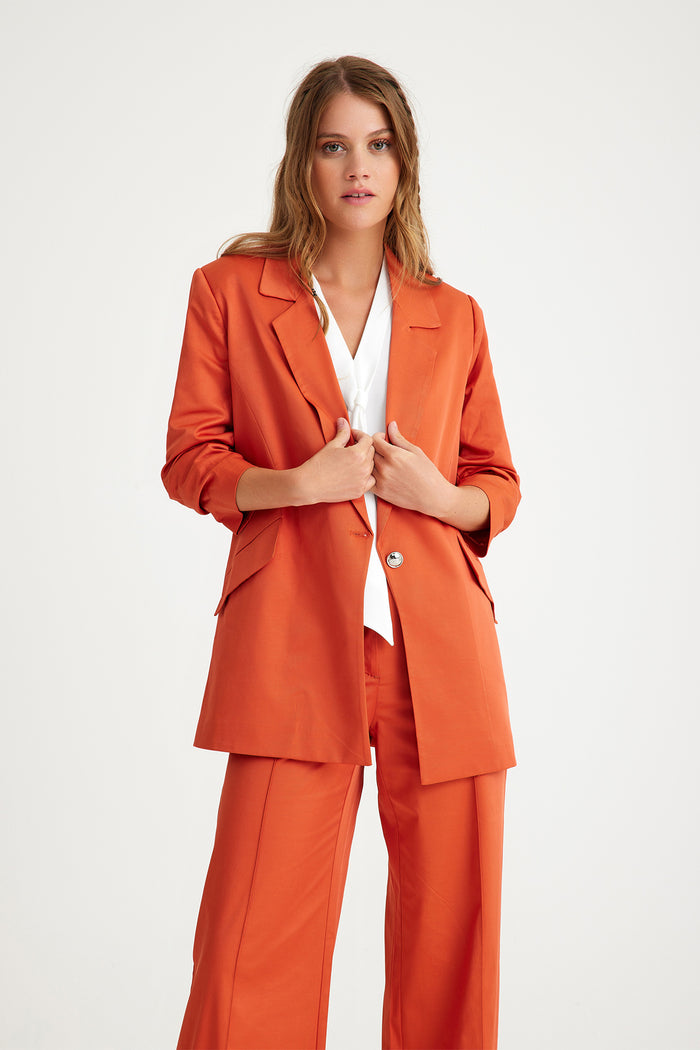Orange Shirred Sleeves Blazer Women's Jacket