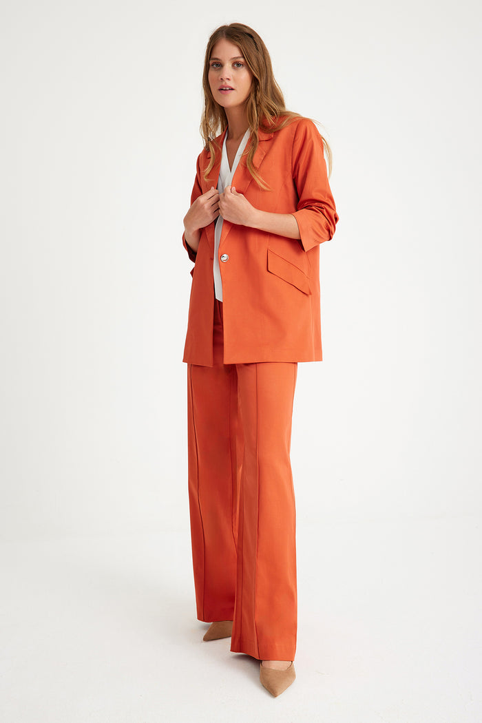 Orange Shirred Sleeves Blazer Women's Jacket