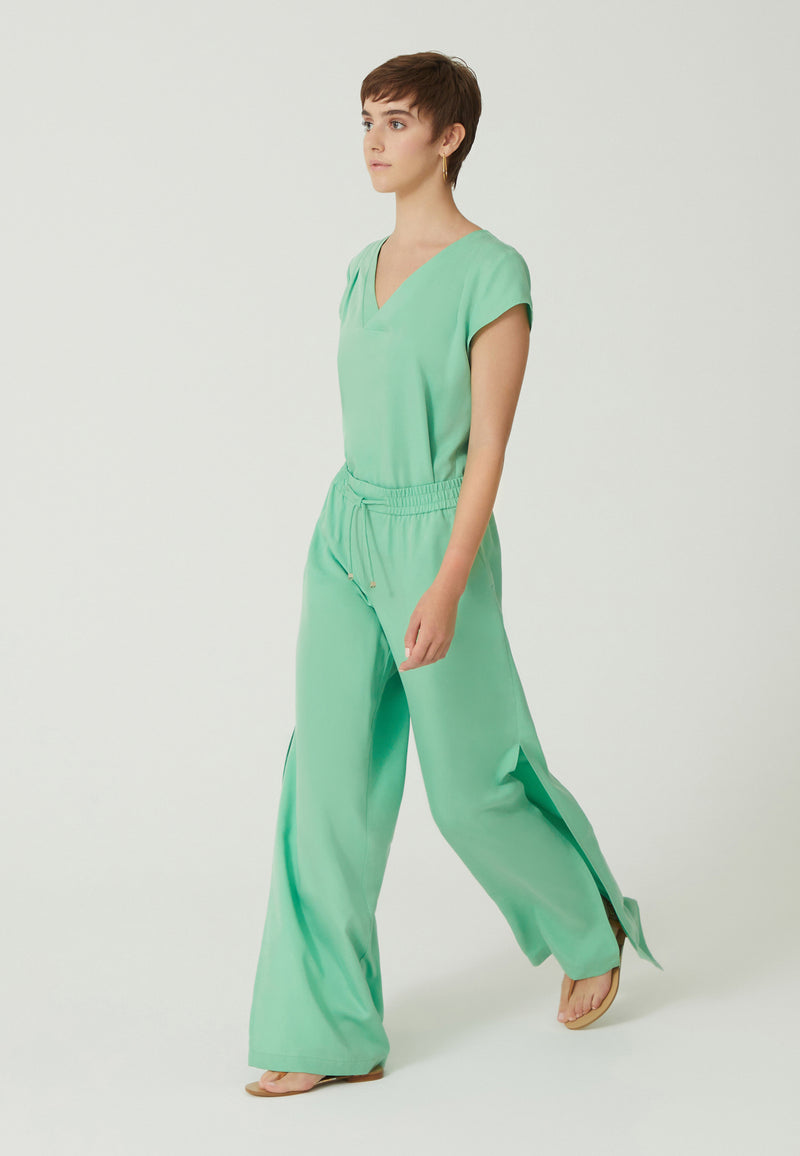 Yeşil Beli Lastikli Yanları Yırtmaçlı Kadın Pantolon