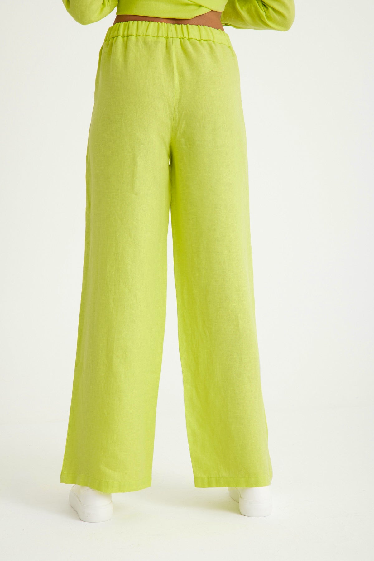Yeşil Keten Beli Bağcıklı Bol Paça Kadın Pantolon