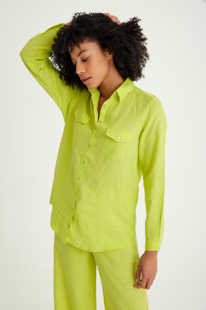 Green Linen Pocket Detailed Women's Shirt
