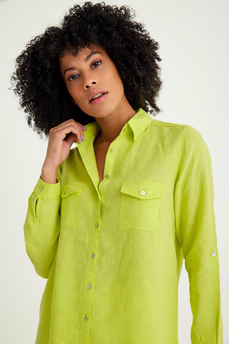 Yeşil Keten Cep Detaylı Kadın Gömlek