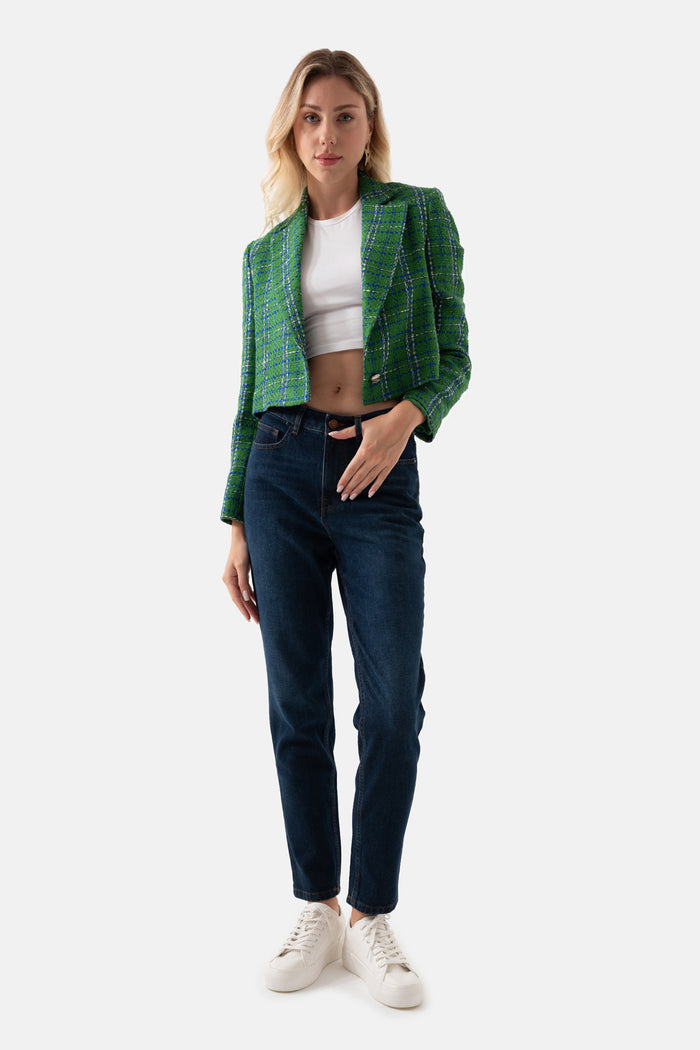 Green Tweed Plaid Short Women's Jacket With Buttons On The Front