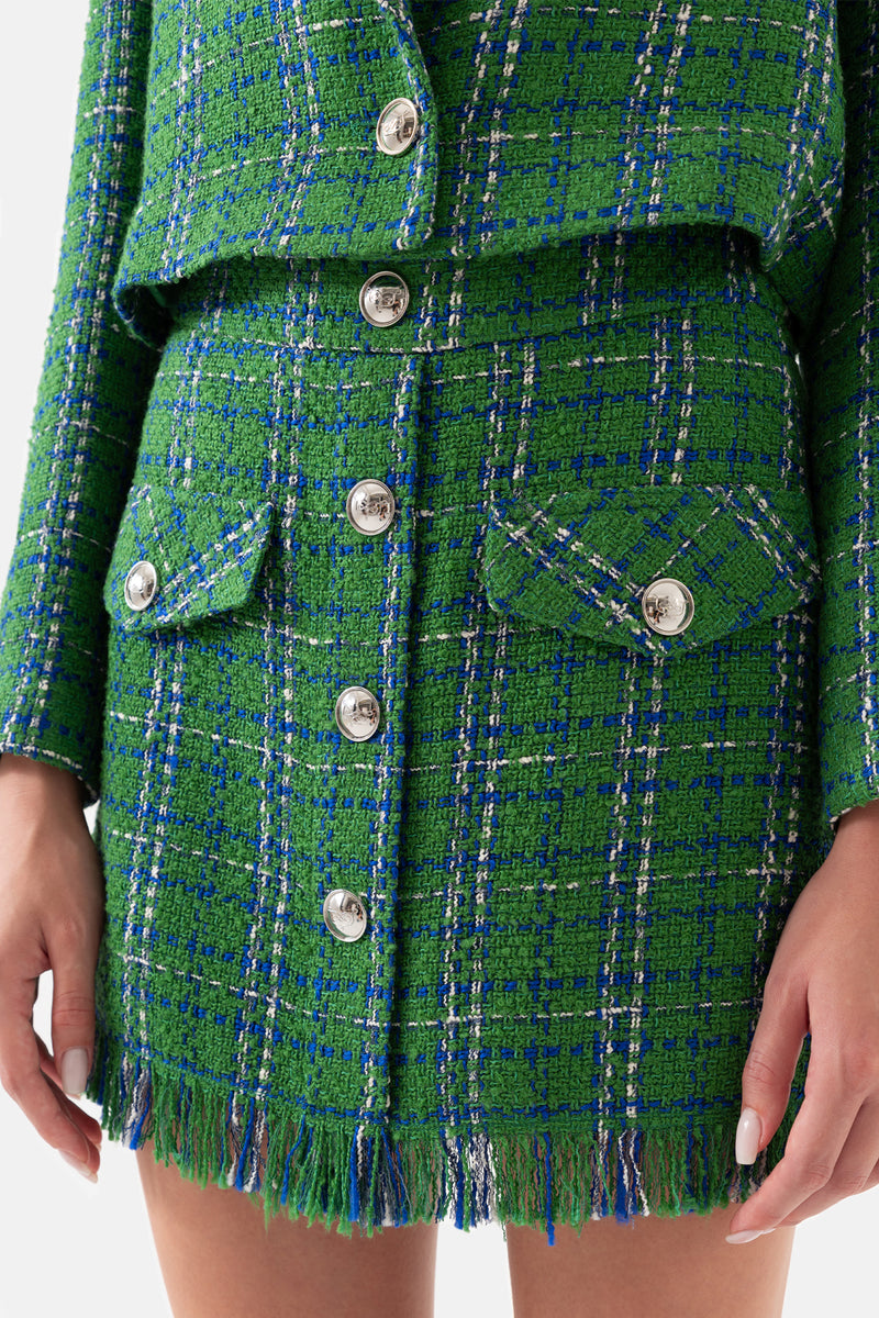 Yeşil Tüvit Ekoseli Önü Düğmeli Kısa Kadın Ceket