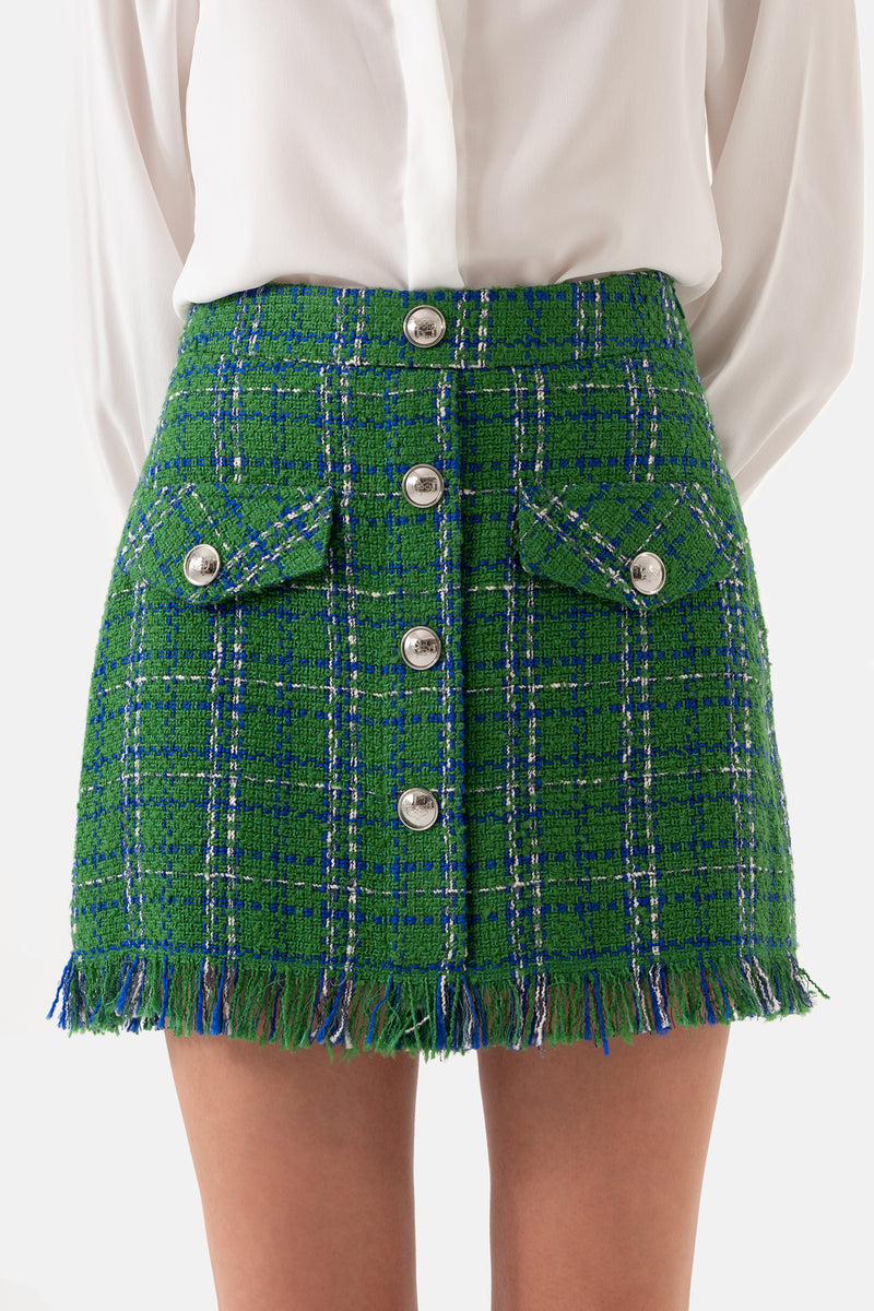Green Tweed Plaid Tasseled Women's Mini Skirt