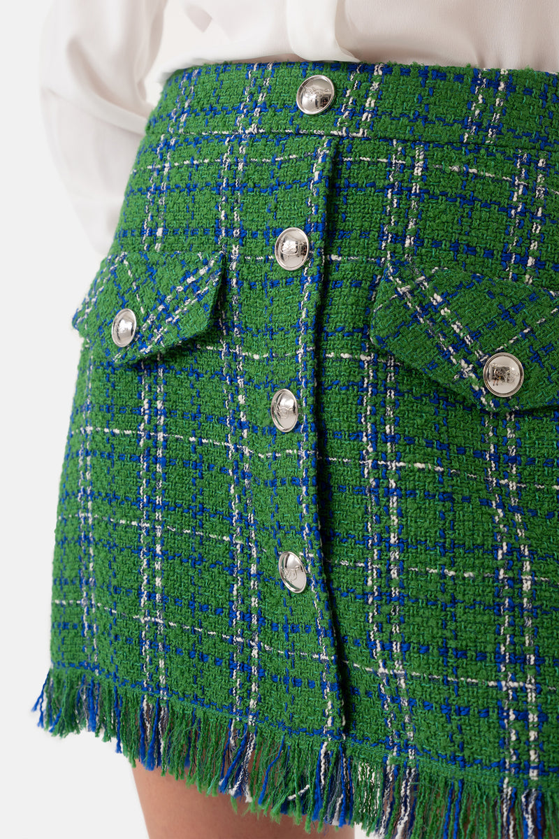 Green Tweed Plaid Tasseled Women's Mini Skirt