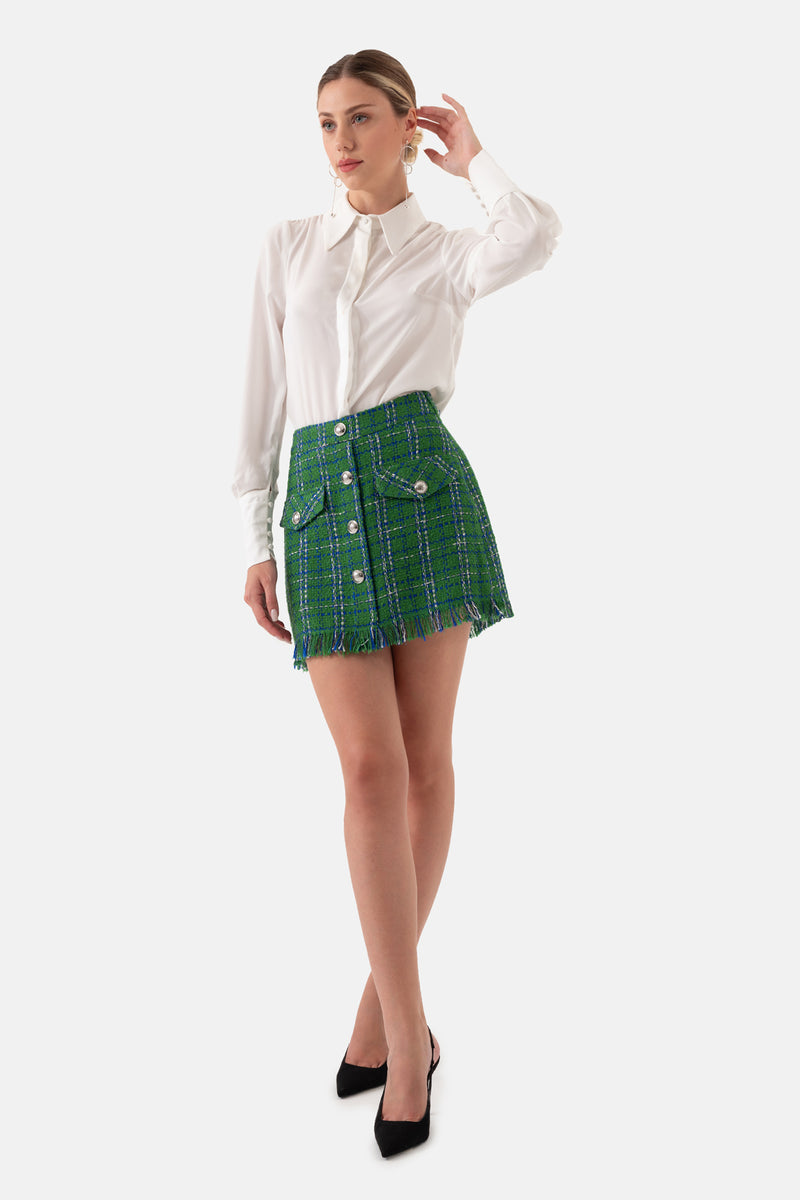 Green Tweed Plaid Tasseled Women's Mini Skirt