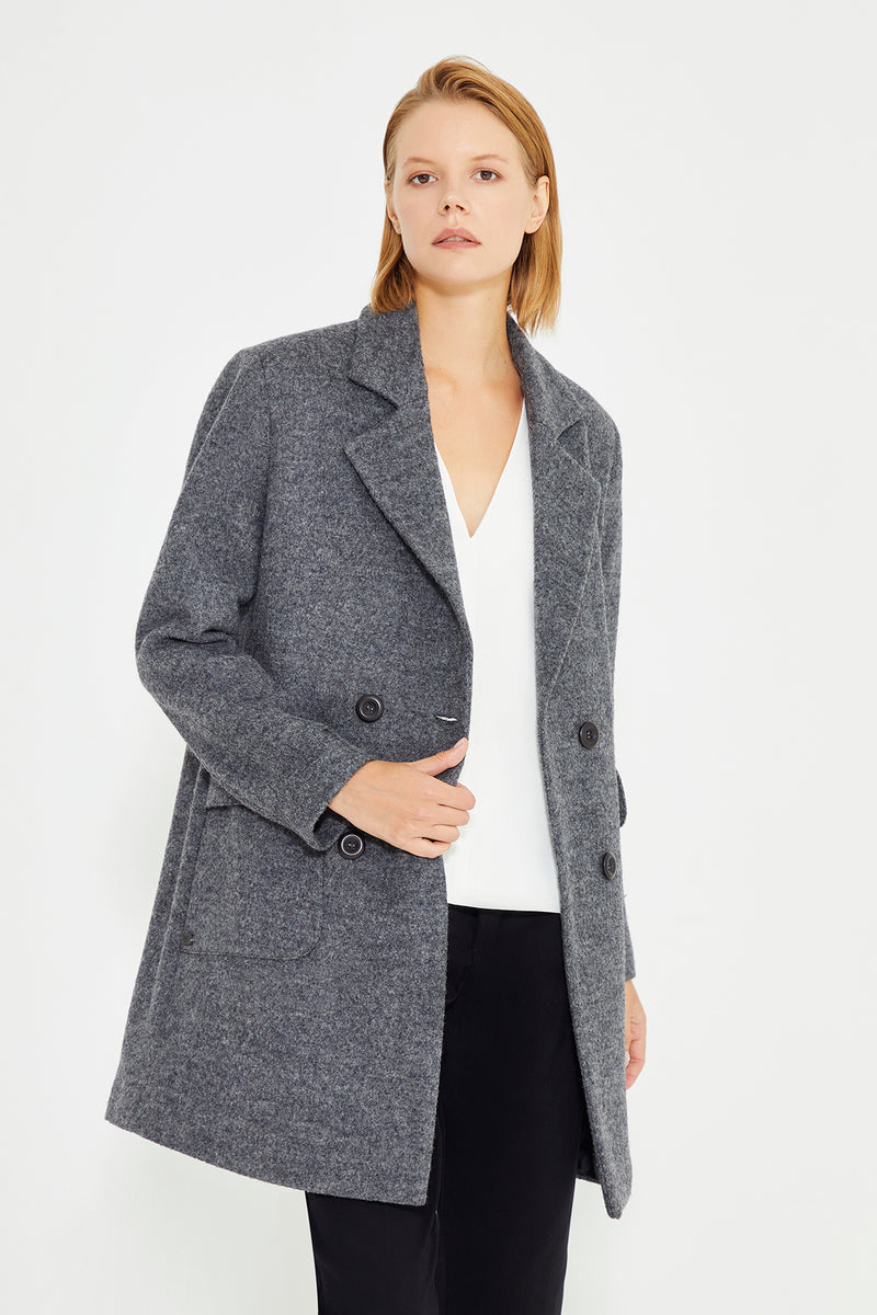 Anthracite Double Breasted Side Patch Pocket With Button Women's Coat