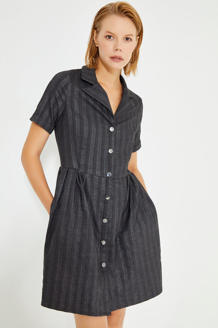 Anthracite Striped Front Snap Fastener Lapel Collar Dress