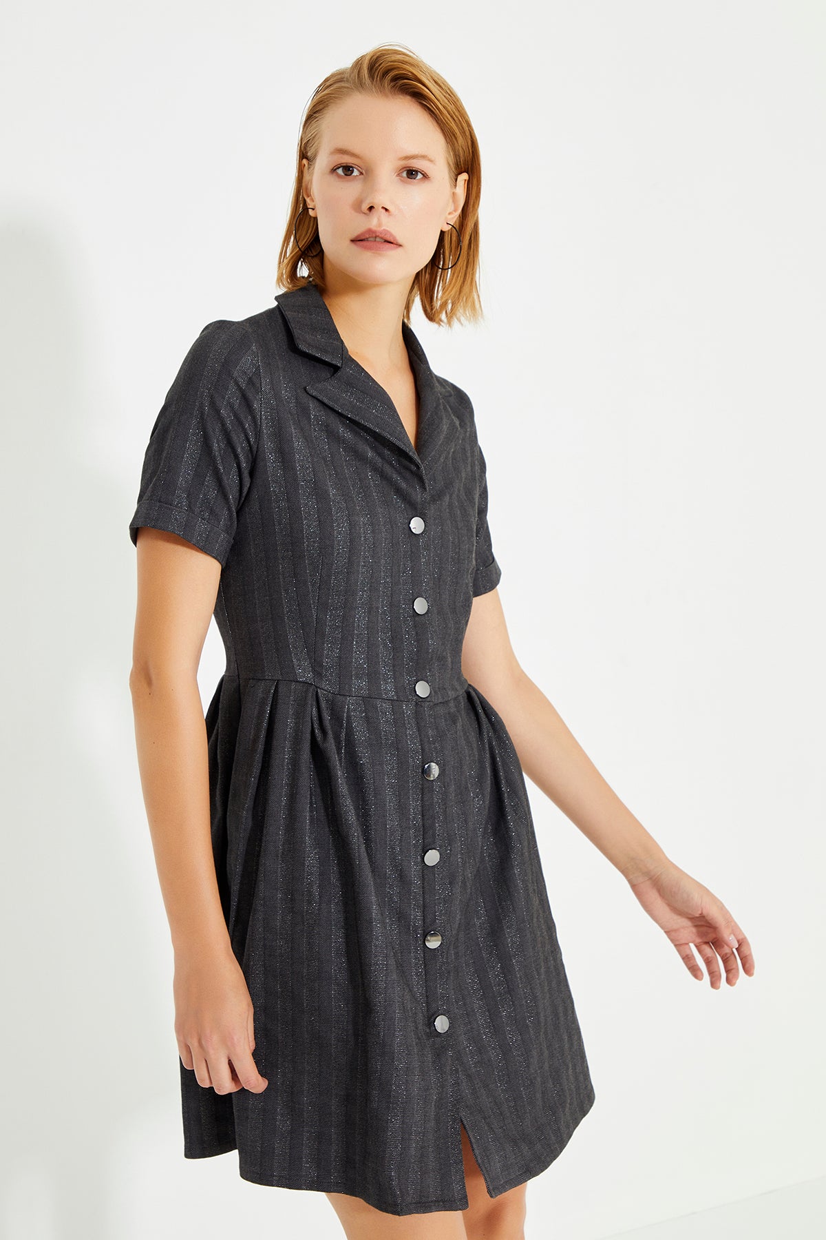 Anthracite Striped Front Snap Fastener Lapel Collar Dress