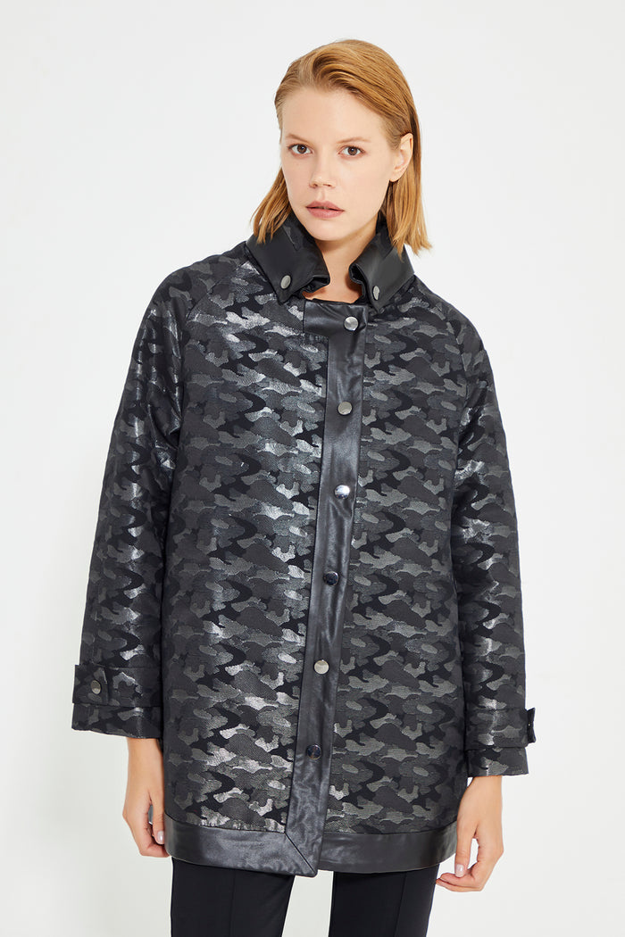 Anthracite Camouflage-Pattern Collar Sleeve And Front With Snap Button Women's Coat