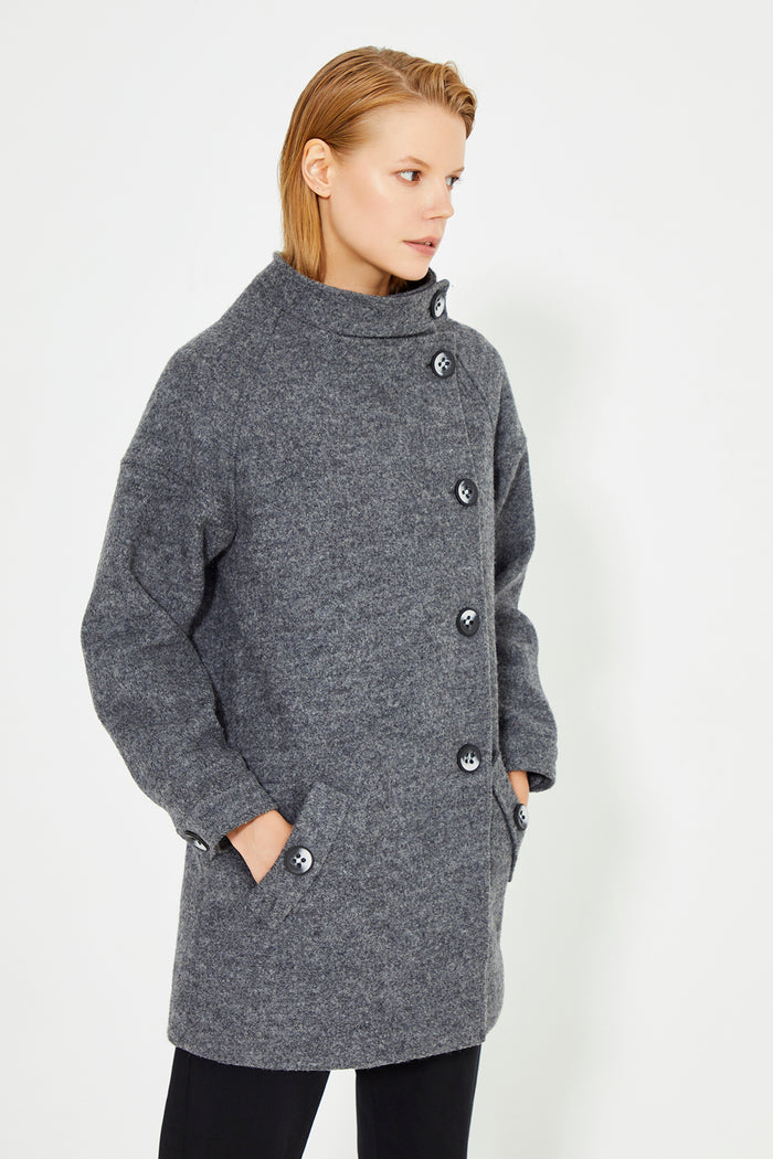 Anthracite Aysmmetric Front Button Detailed Side Pocket Women'Coat