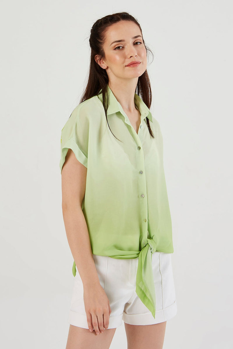 Yeşil Arkası Desenli Oversize Kısa Kollu Kadın Gömlek