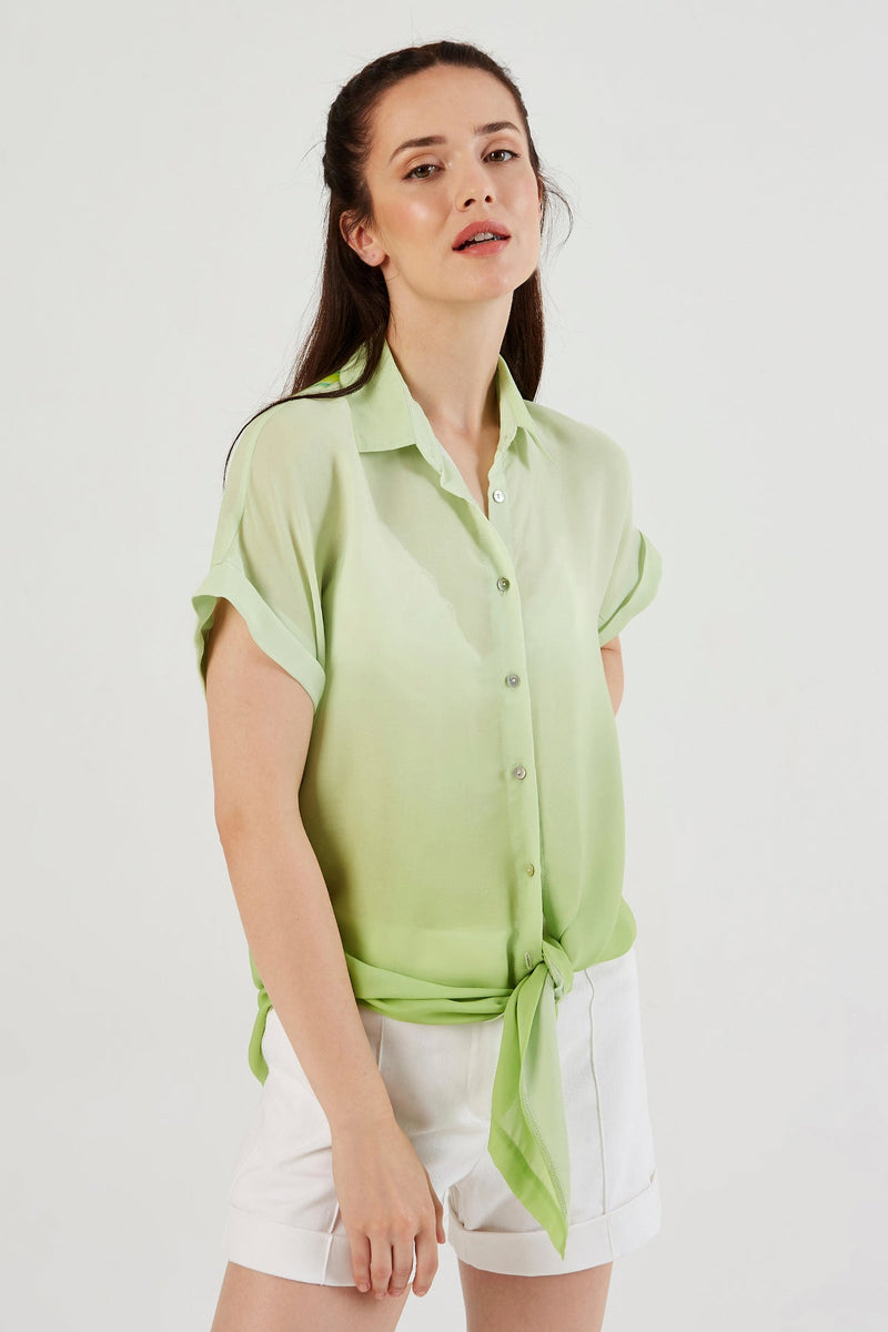 Yeşil Arkası Desenli Oversize Kısa Kollu Kadın Gömlek