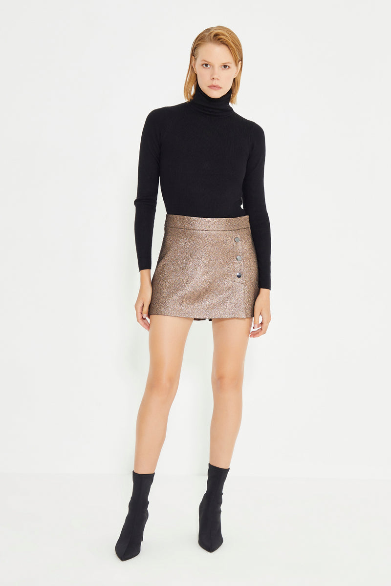 Copper Color Side Snap Detail Mini Short Skirt