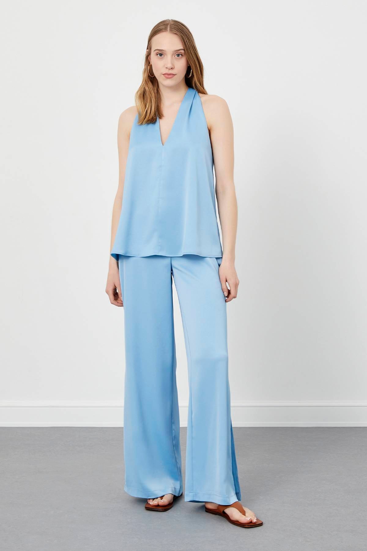 Baby Blue Wide-Leg Side-Slit Trousers