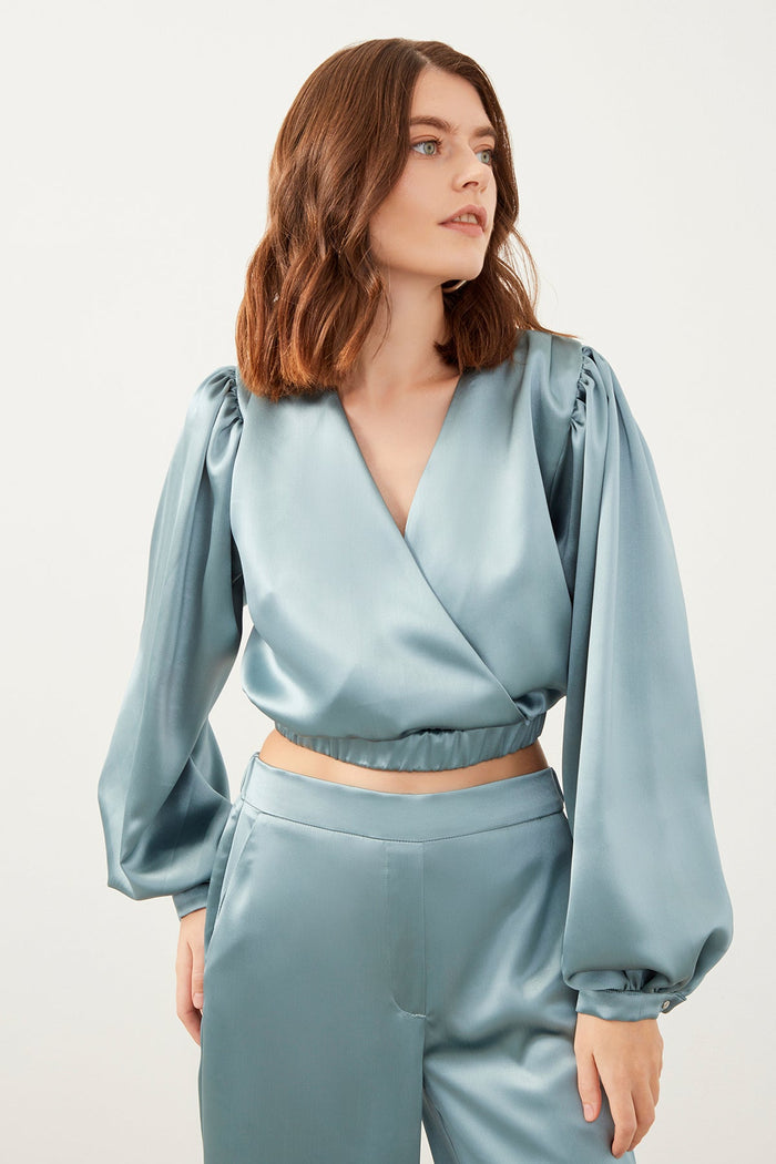 Baby Blue Double Breasted Cropped Blouse