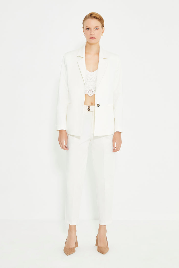 White Shoulder Padded Double Breasted Jacket With Pockets