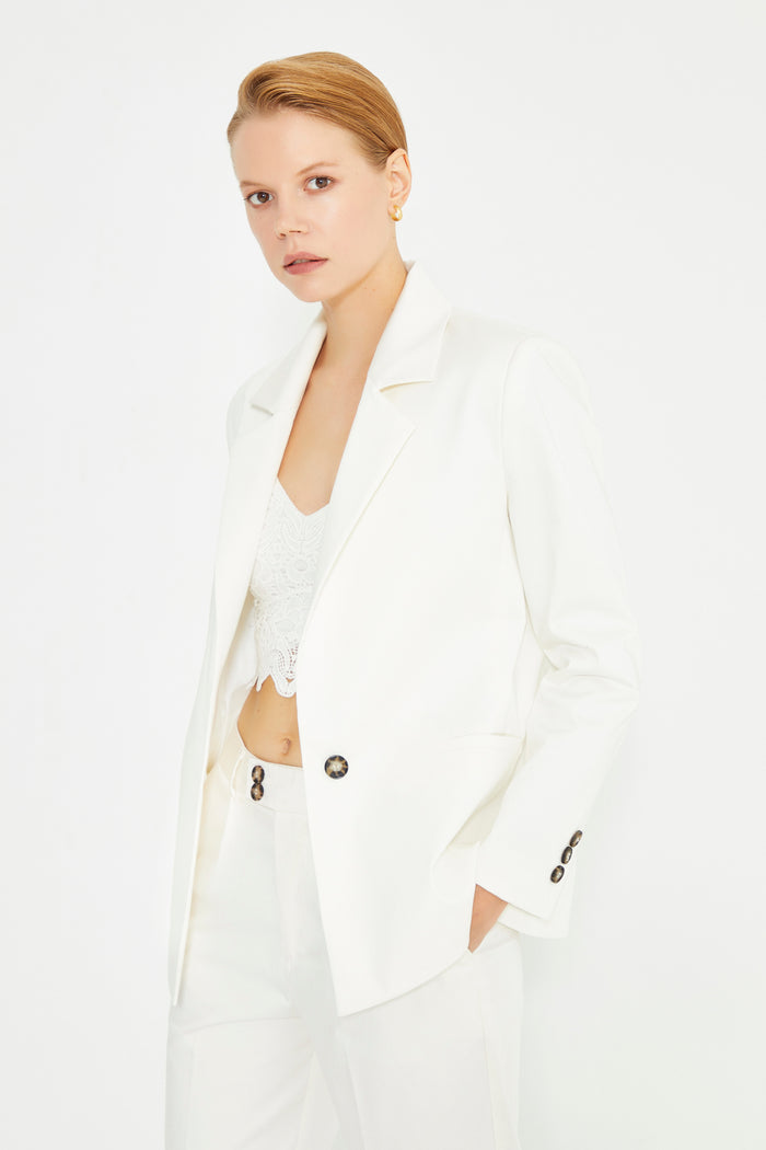 White Shoulder Padded Double Breasted Jacket With Pockets
