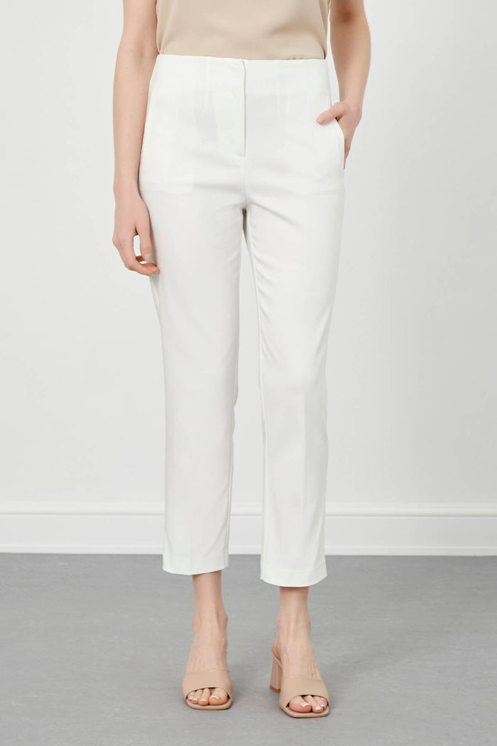 White Short-Leg Buttonless Back-Mini V Slit High-Waist Trousers