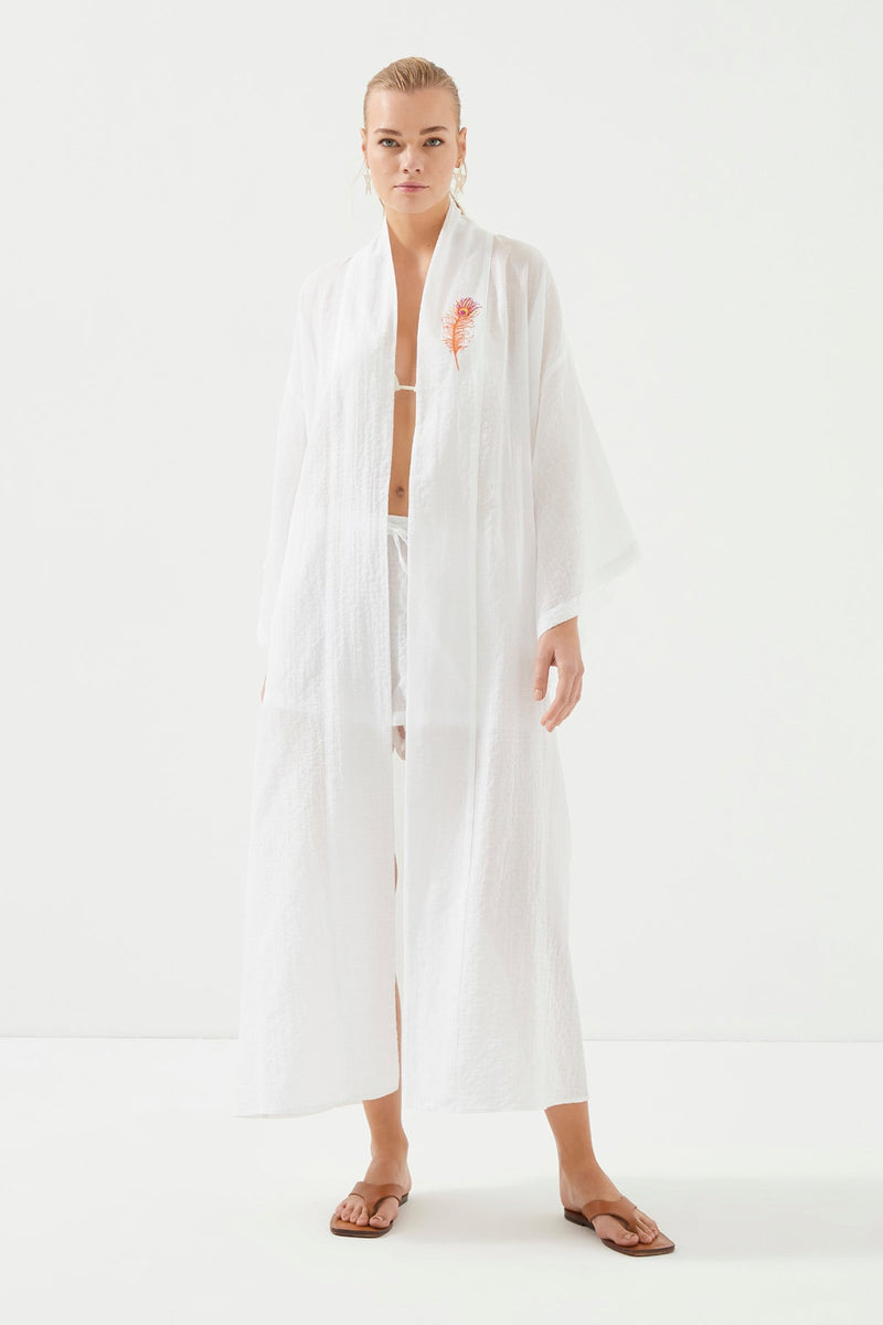 White Embroidery Detailed Belted Kimono