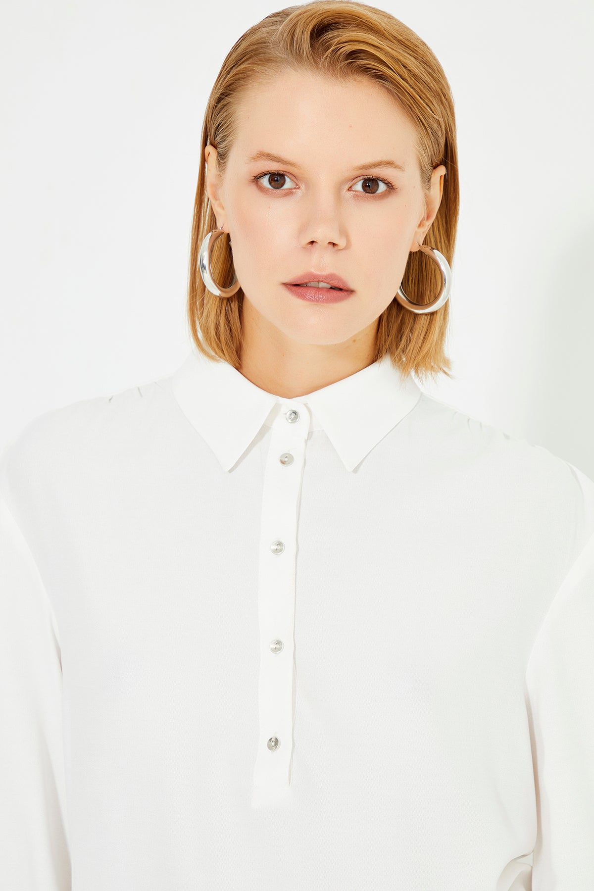 White Wide Cuff Button Front Women's Shirt