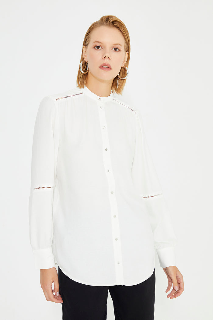White Long Sleeve Ladder Strip Women's Shirt
