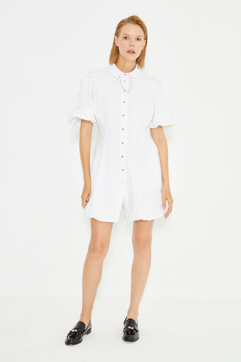 White Chain-Detail Collar Waist Darts Balloon Dress