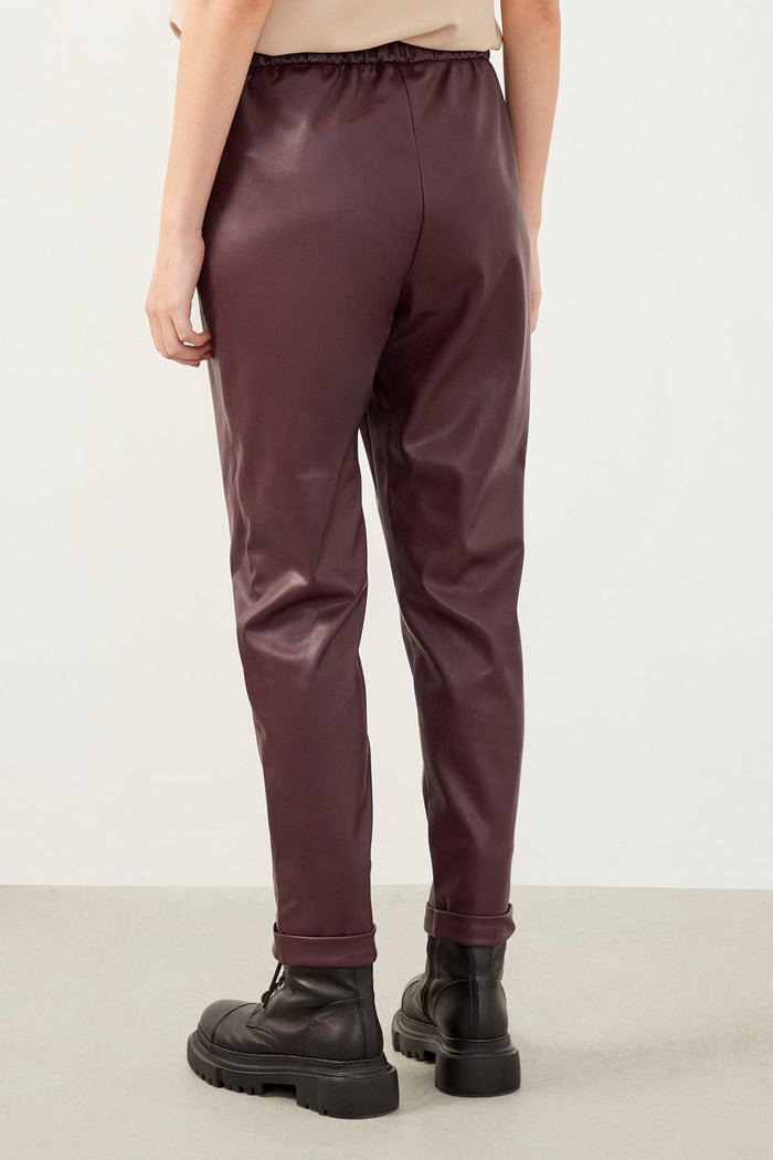 Burgundy Leather-Look Carrot Trousers