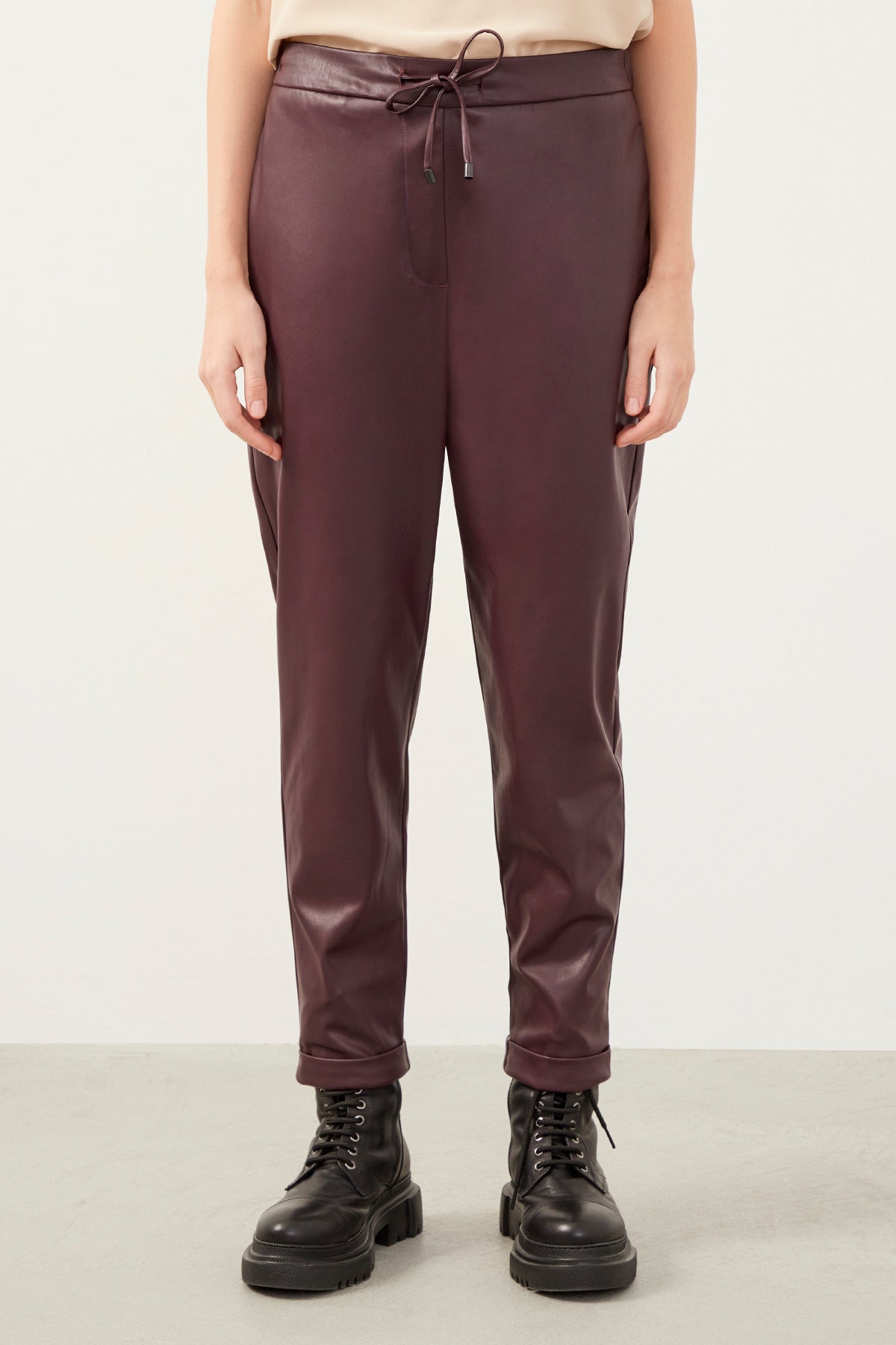 Burgundy Leather-Look Carrot Trousers