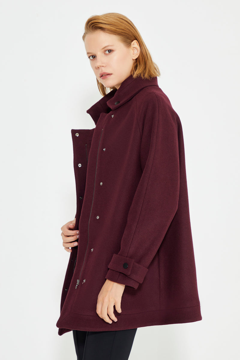 Burgundy Collar Sleeve And Front With Snap Button Women's Coat