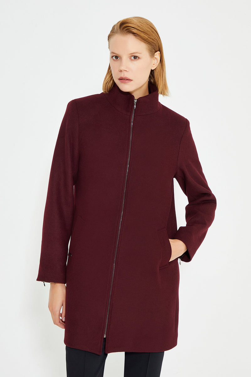 Burgundy Front And Collar Zip Detailed women's Coat