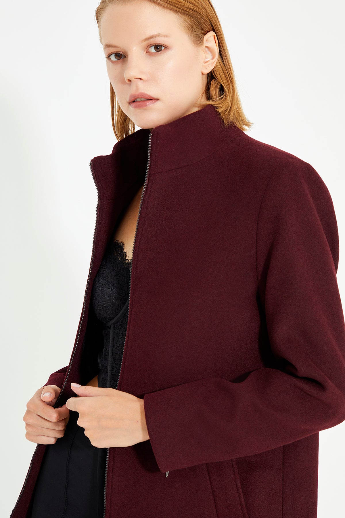 Burgundy Front And Collar Zip Detailed women's Coat