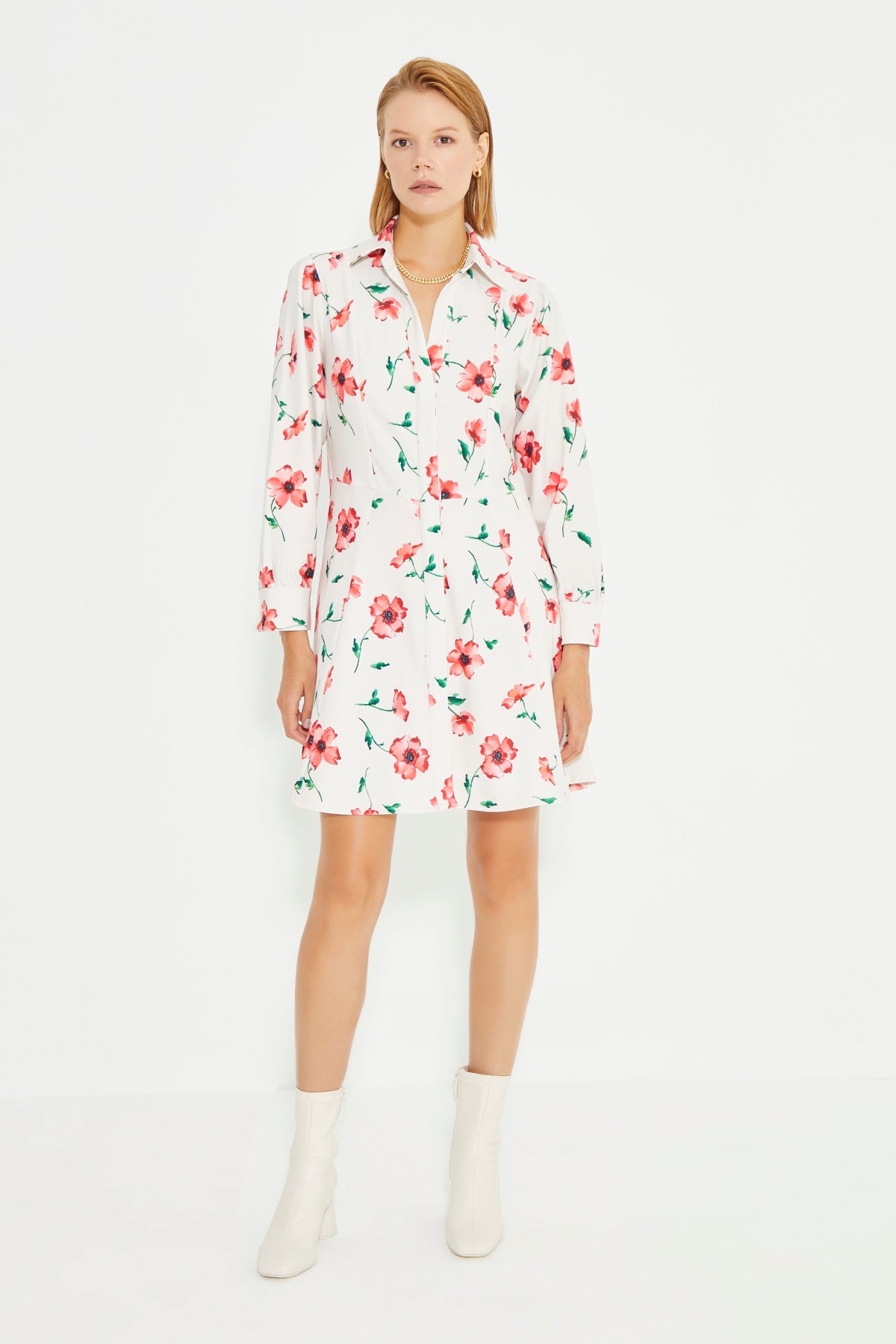 Flower Print Long Sleeve Shirt Collar Mini Dress