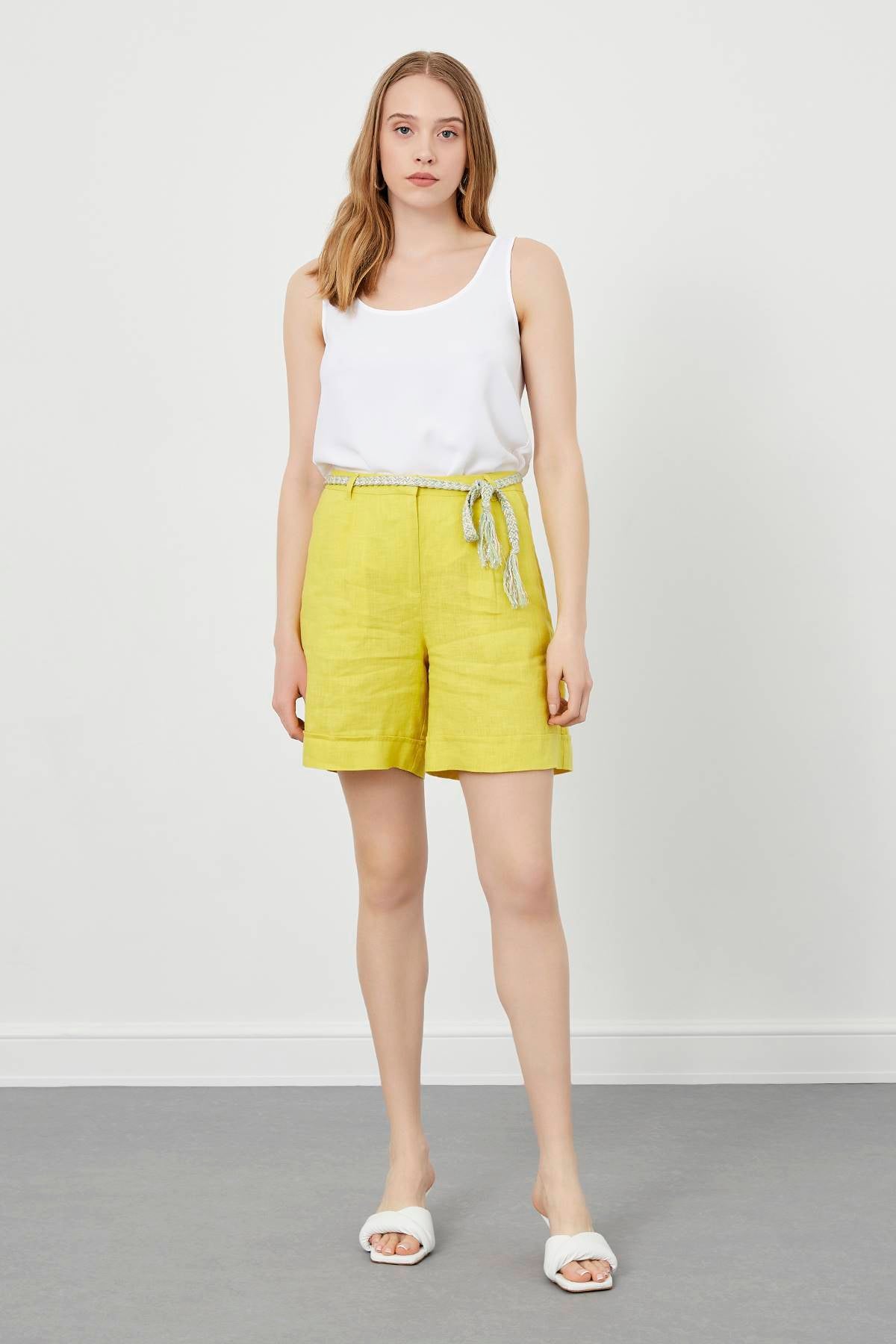 Yellow Double Leg Belted Shorts