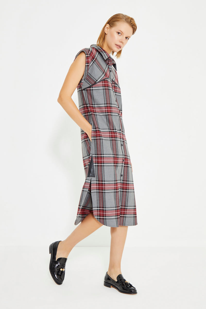 Grey Checked Sleeveless Leather Piping Shirt Dress