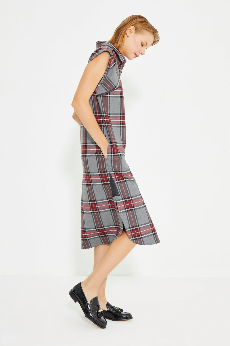 Grey Checked Sleeveless Leather Piping Shirt Dress