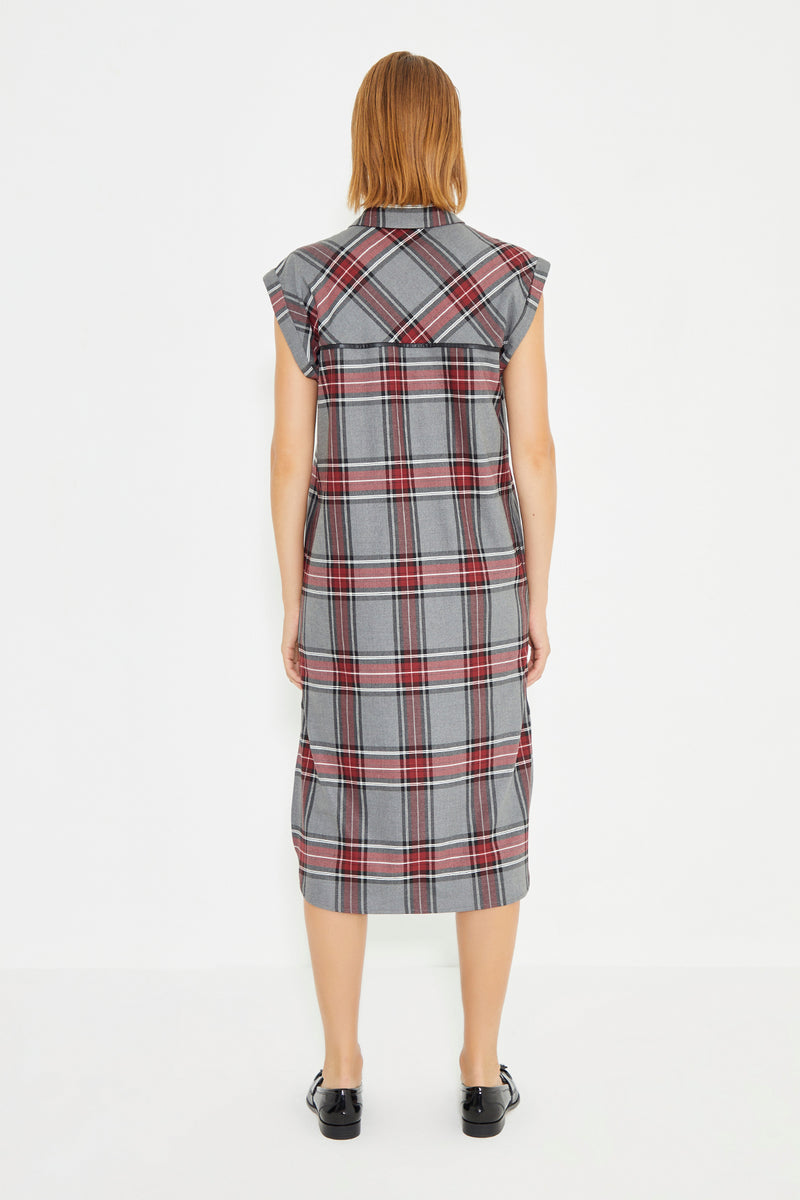 Grey Checked Sleeveless Leather Piping Shirt Dress